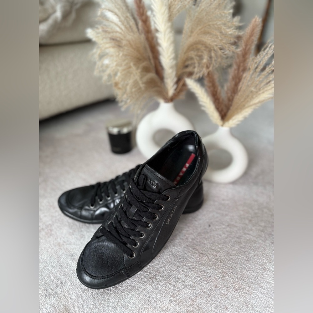Prada Men’s Leather Low-Top Sneakers (Linea Rossa / Red Line)
